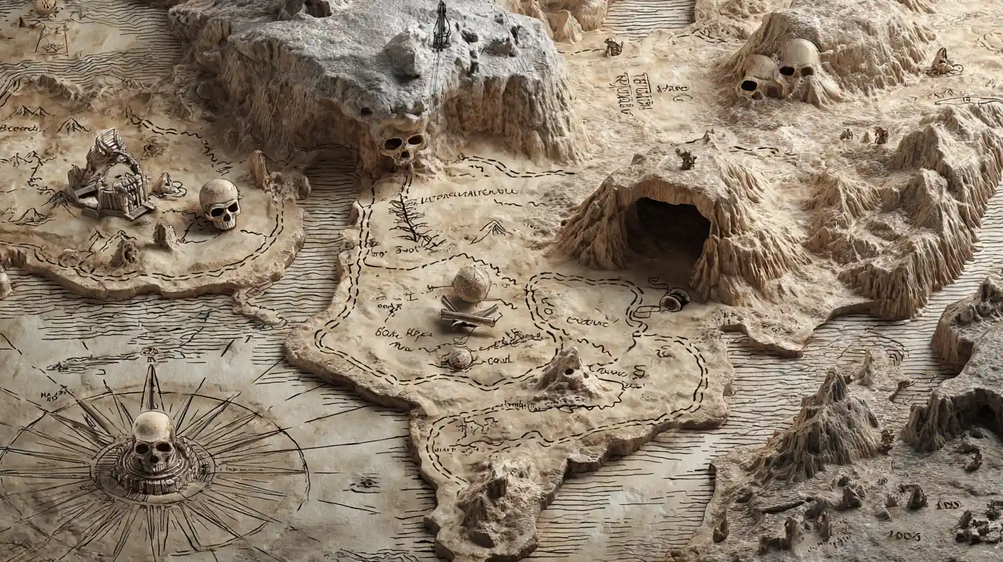 Fantasy 3D pirate treasure map with caves and skull symbols
