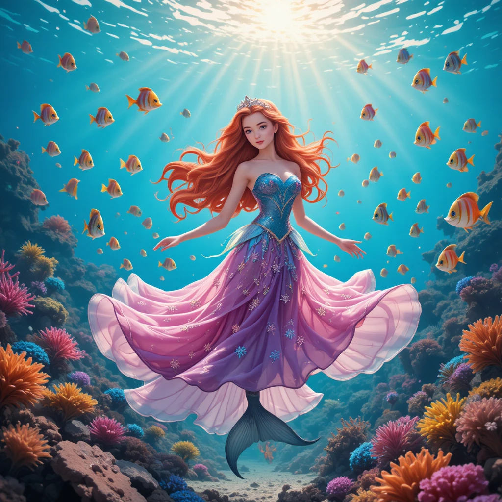 Mermaid princess dancing with rainbow fish in coral reef
