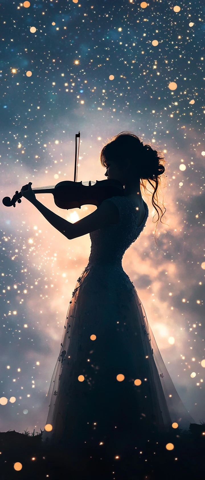 Japanisches Mädchen spielt Violine unter einem traumhaften Sternenhimmel