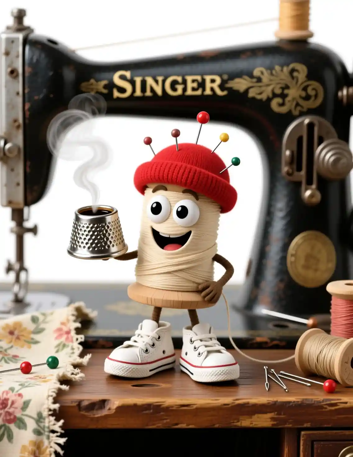 Personnage bobine de fil joueur avec café sur meuble de couture