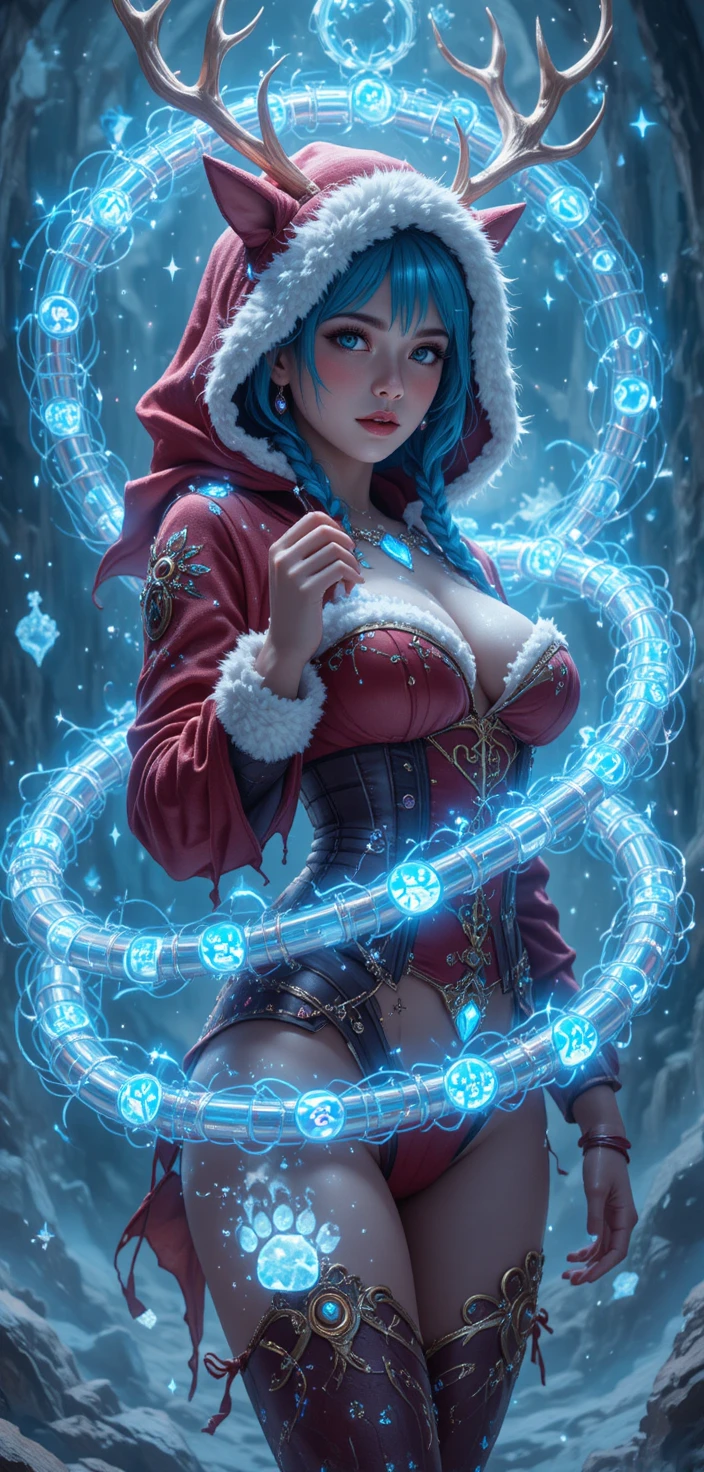 Playful fantasy woman wrapped in glowing magical runes