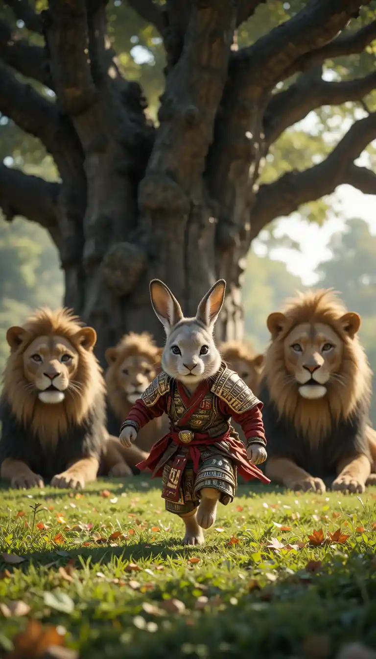Samurai rabbit running past lions beneath a large tree