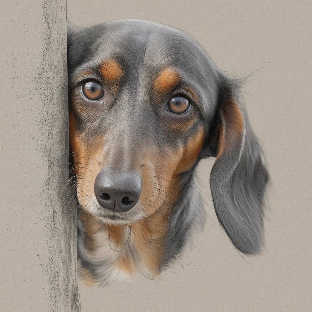 Shy wirehaired dachshund peeking from behind a concrete wall