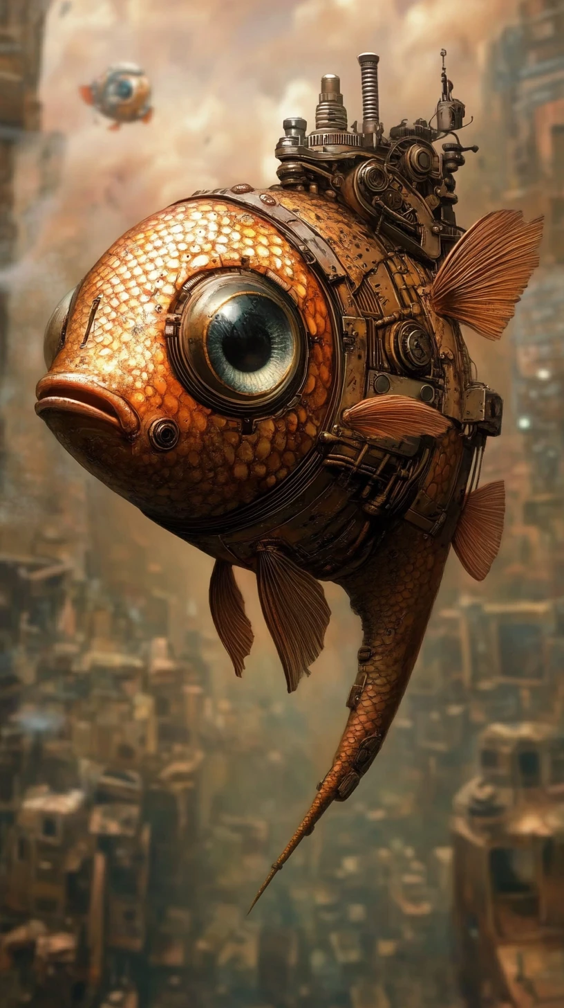 Cybernetic fish rising from a surreal nocturnal horizon