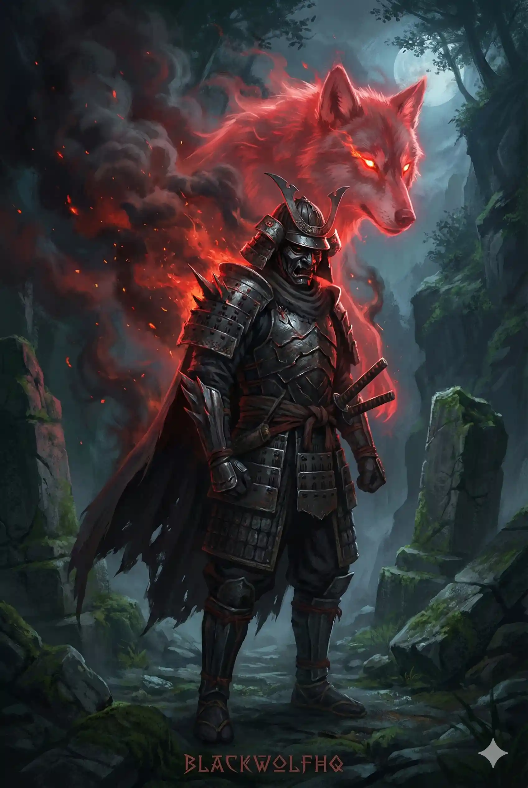 Samurai negro com aura de lobo fantasmagórico na escuridão