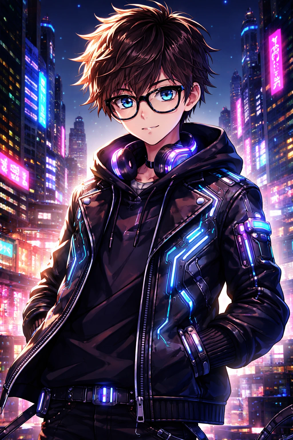Chico de anime con gafas en una ciudad cyberpunk de neón