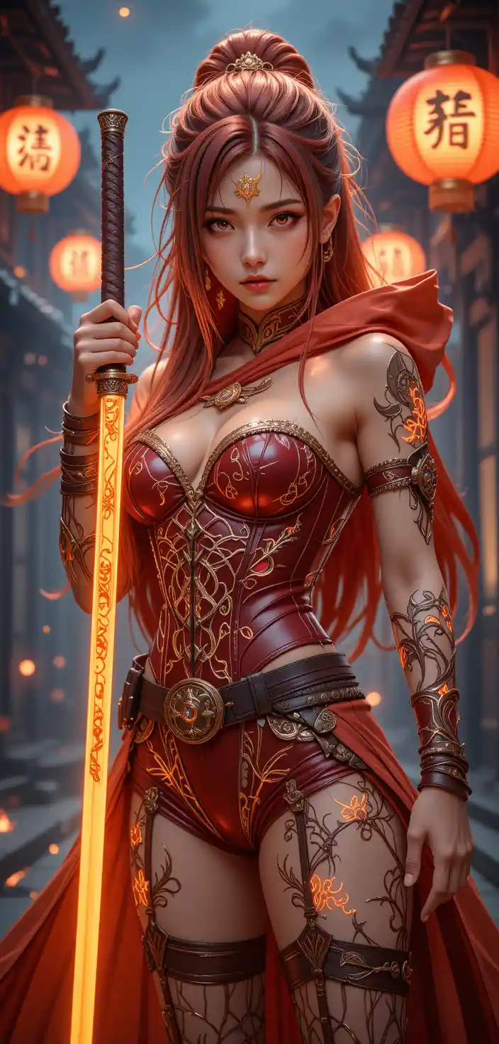 Anime warrior woman with glowing runes and katana