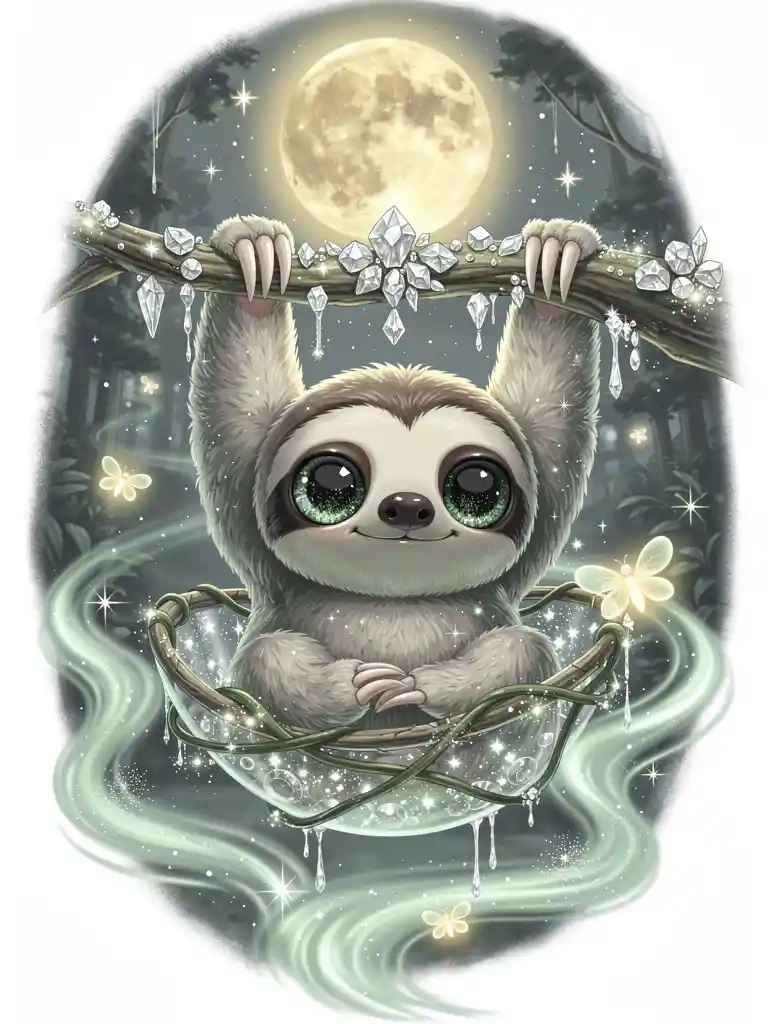 Adorable bébé paresseux chibi accroché à une branche de cristal lumineuse