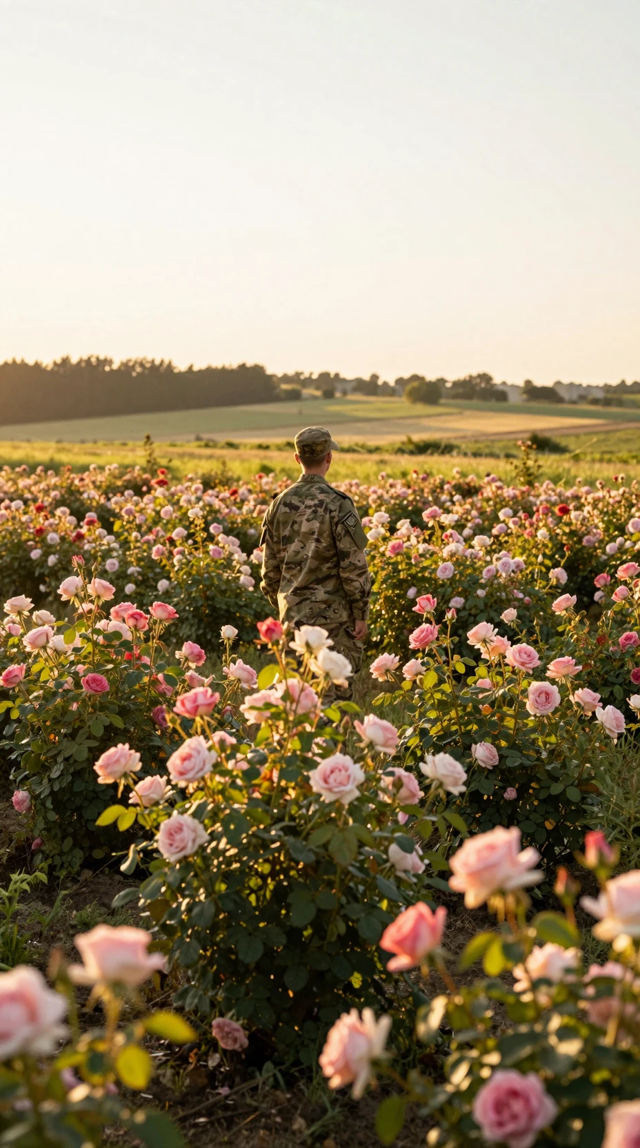 Soldat solitaire dans un champ de roses baigné de soleil à l'aube