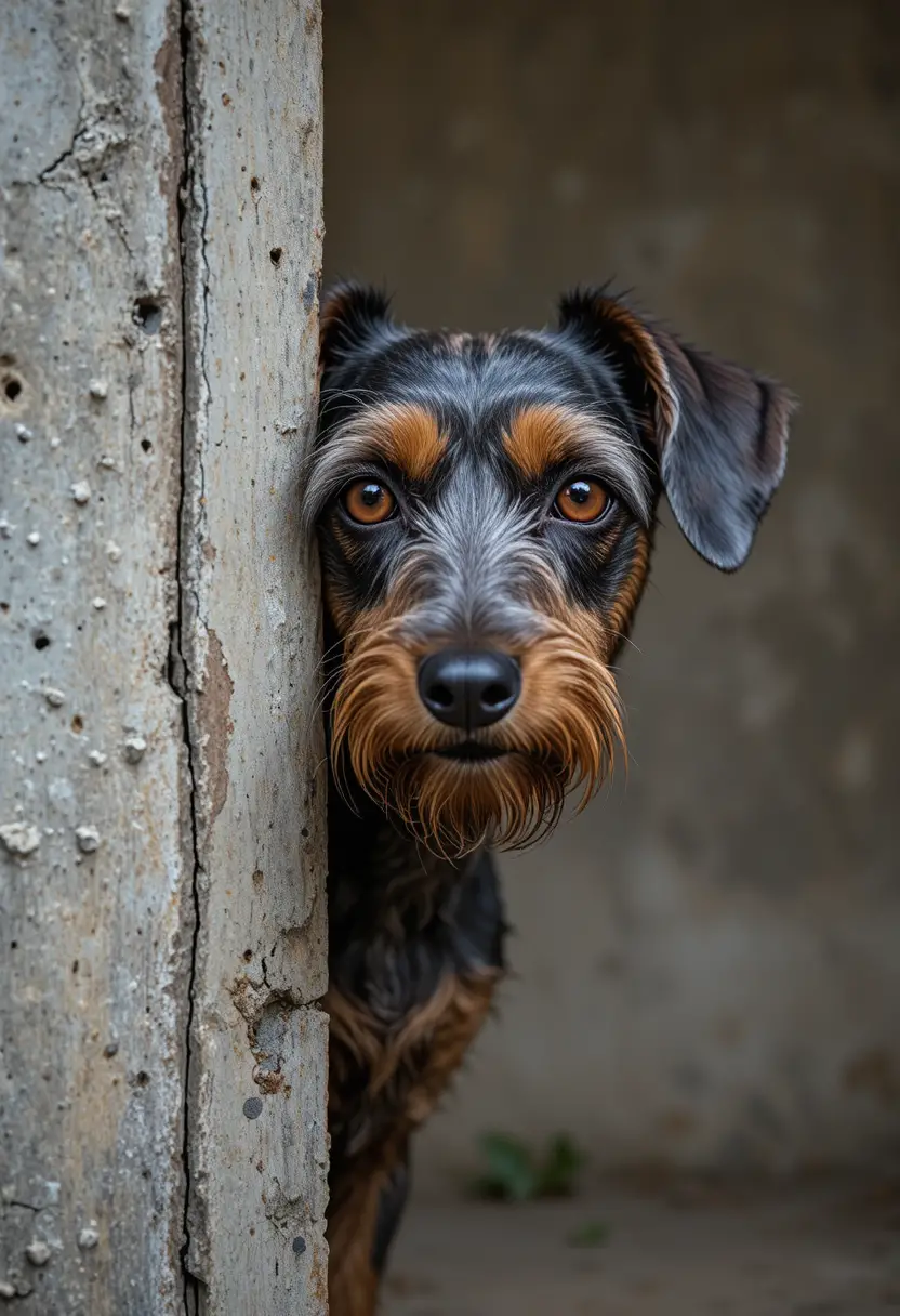 Shy wirehaired dachshund peeking from behind a concrete wall