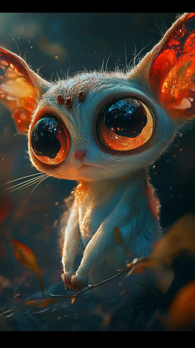 Surreal baby animal with shimmering gradient colored eyes