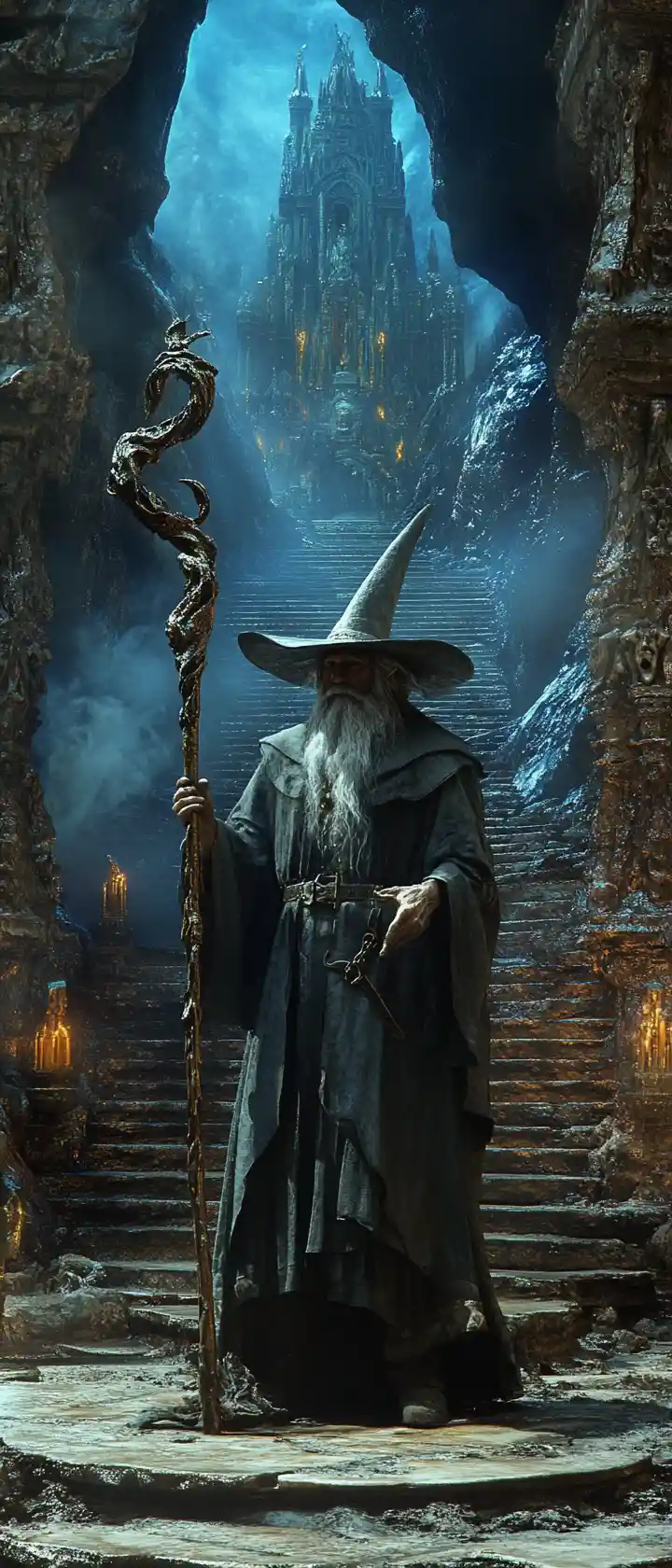 Old magician in a vast stone cave temple interior