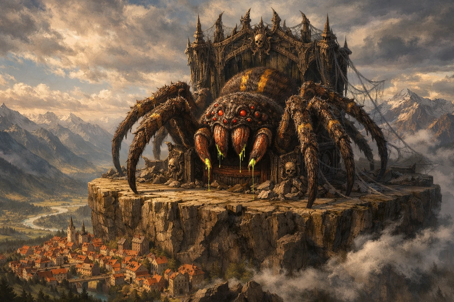 Spider god resting on a throne above a mountain valley