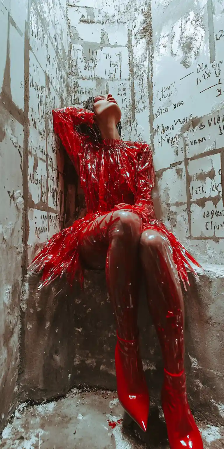 Modefrau in beengter surrealer Editorial-Installation