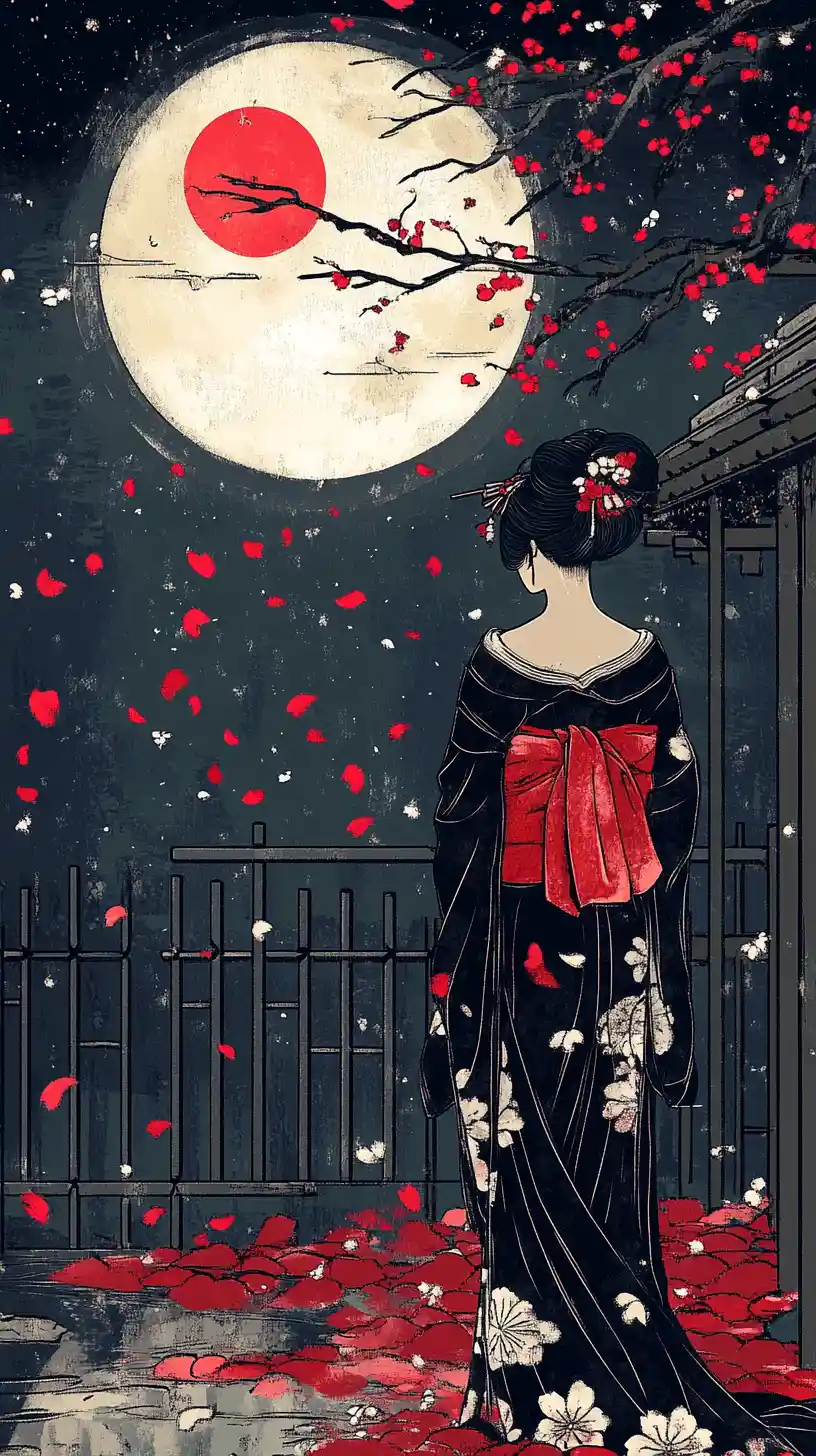 Geisha In Moonlit Japanese Garden With Falling Cherry Blossoms