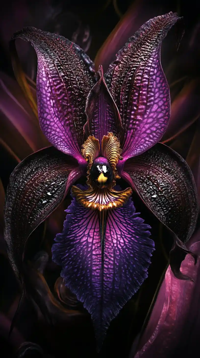 Orquídea surreal surgindo de um reino sombrio e distorcido de fantasia