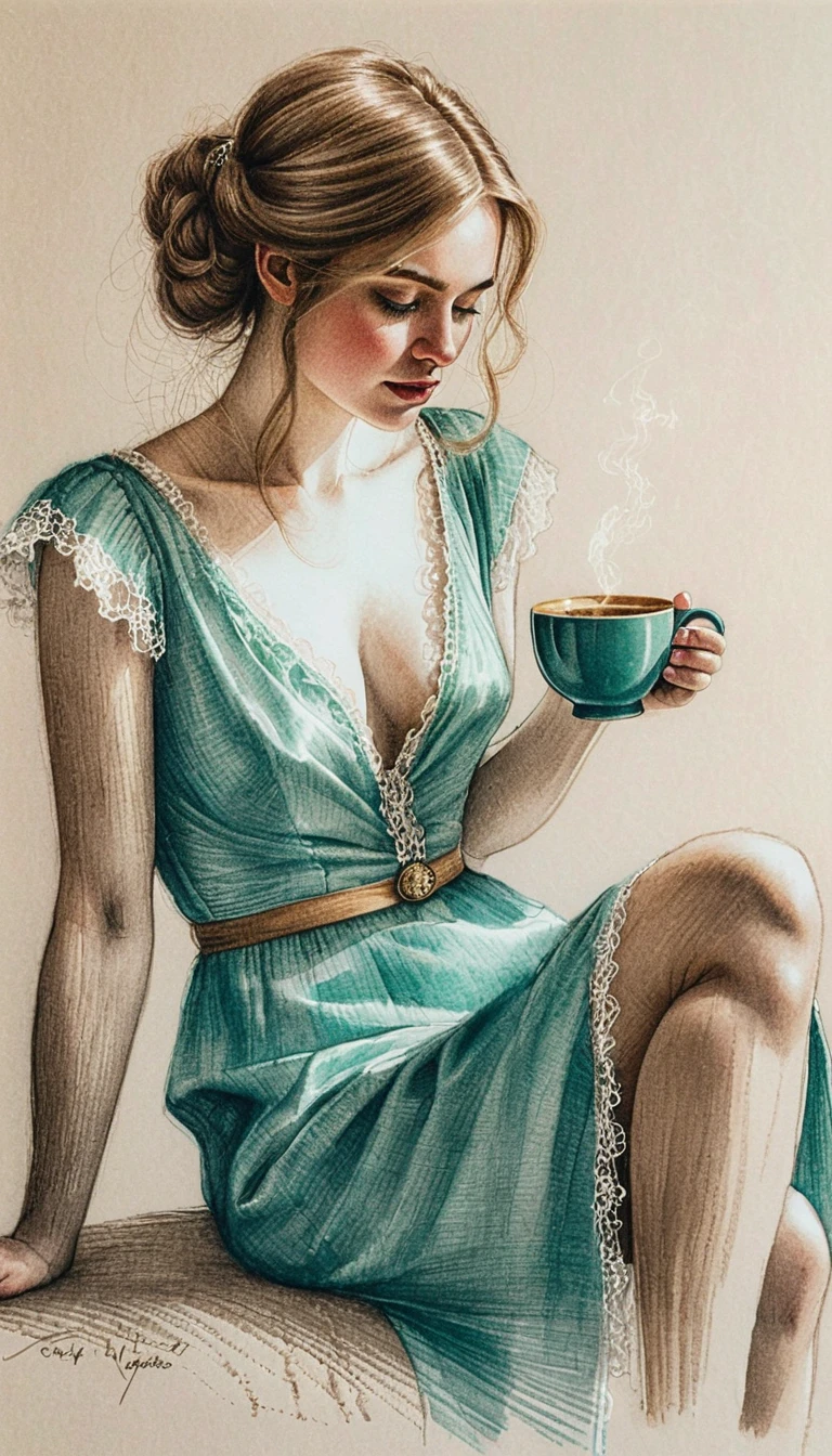 Dessin d’une femme élégante avec une tasse de thé près d’une fenêtre ensoleillée