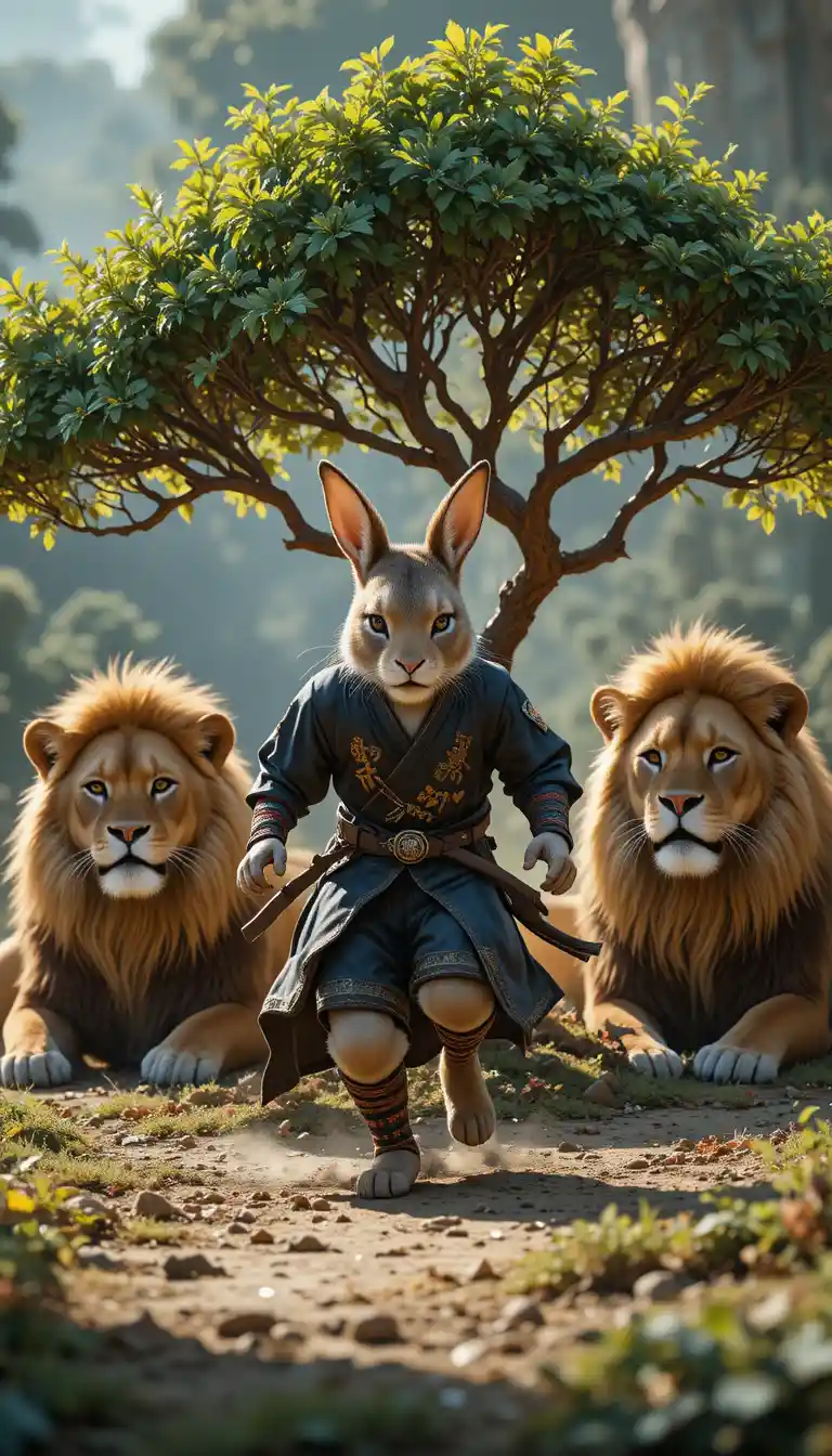 Lapin samouraï courant près de lions se reposant sous un arbre