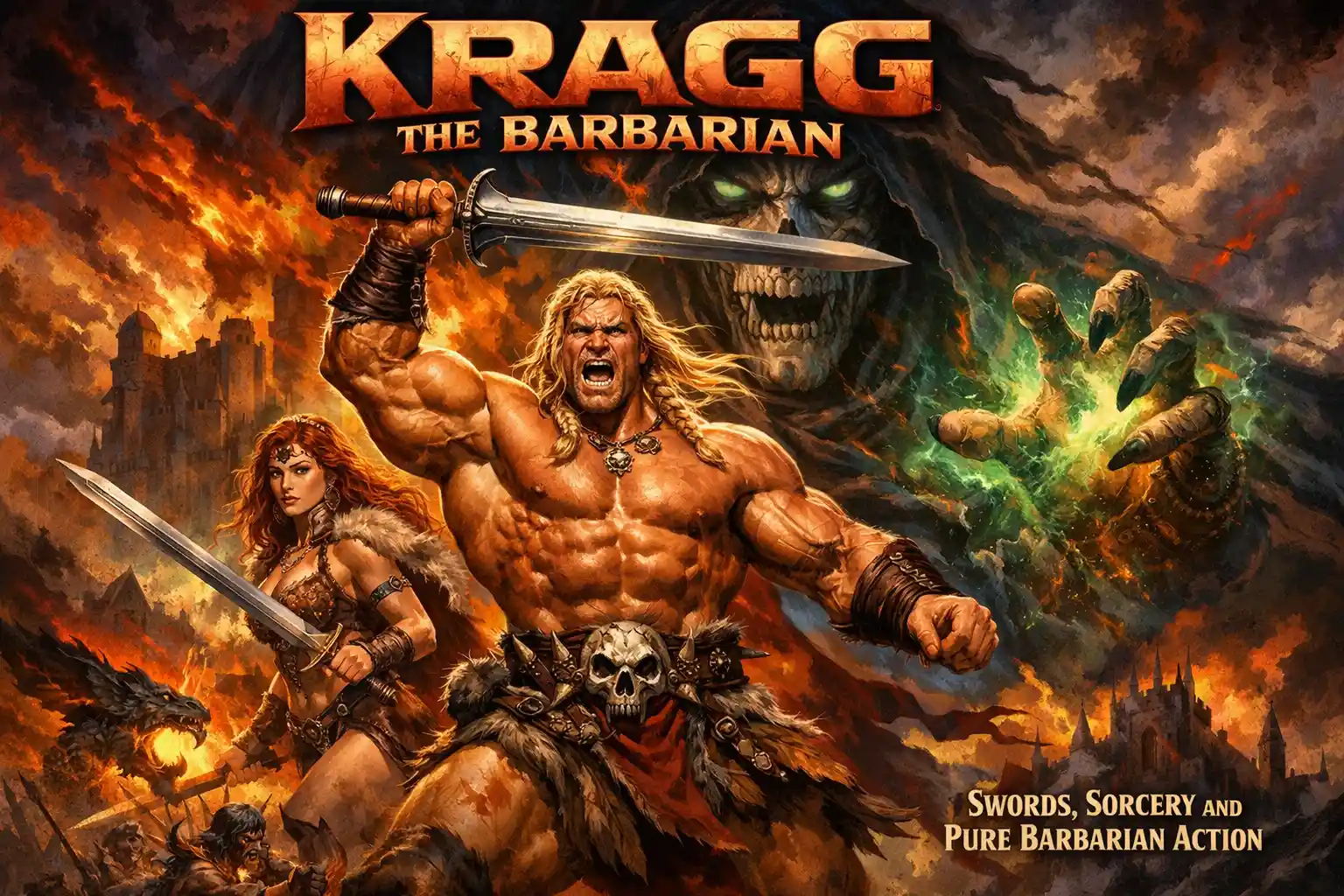 Muskulöser Barbarenheld hebt sein Schwert in einer Fantasy-Schlacht