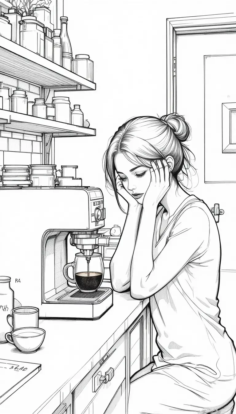 Jeune fille pensive avec un café près d’une machine à espresso