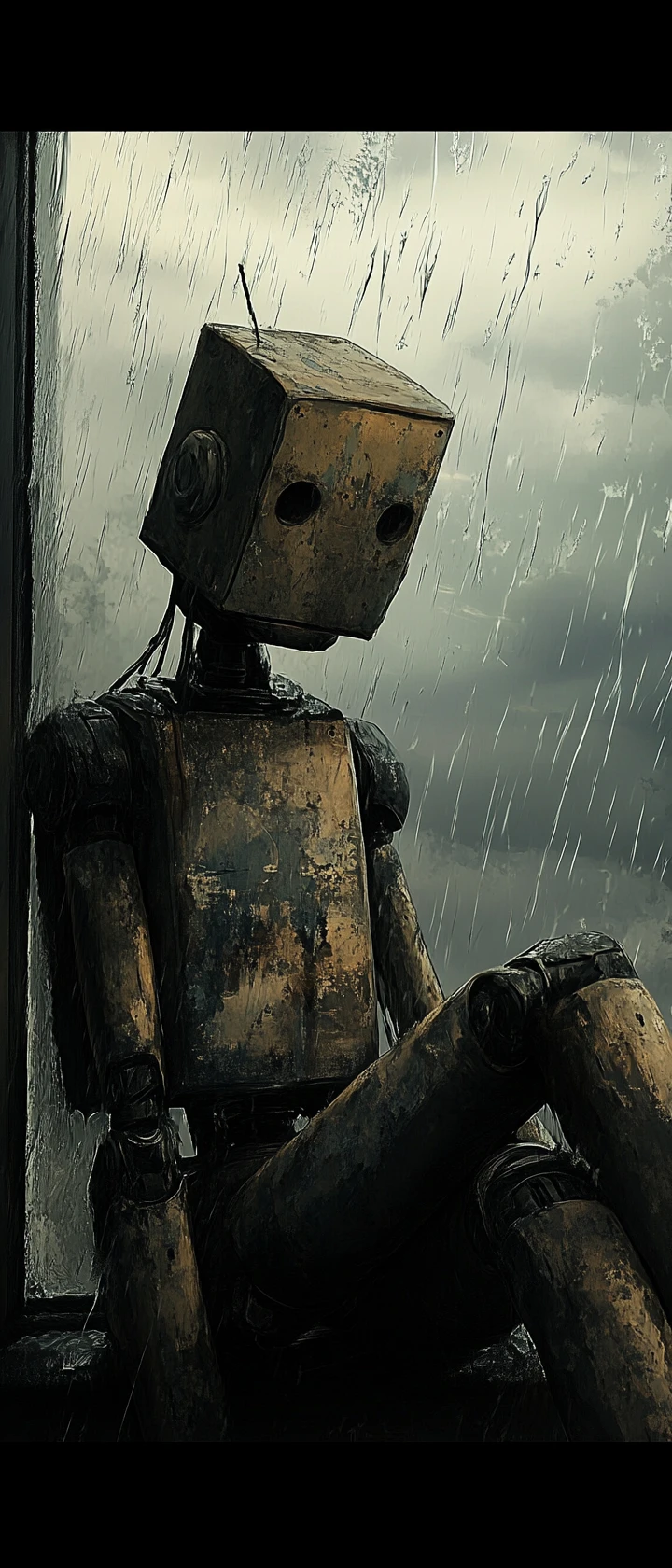 Melancholic robot resting in a bleak industrial interior