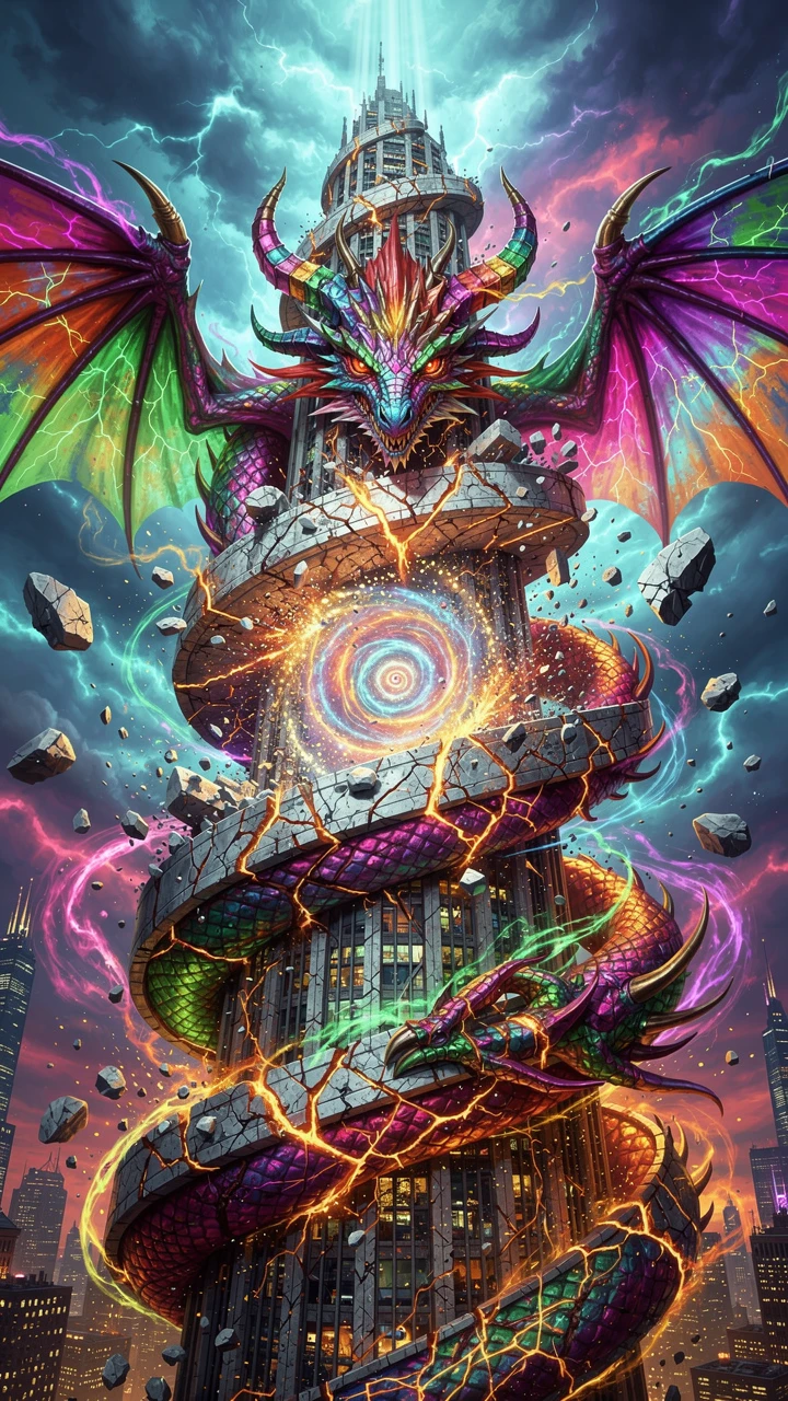 Gratte‑ciel dragon torsadé sous un ciel d’orage néon