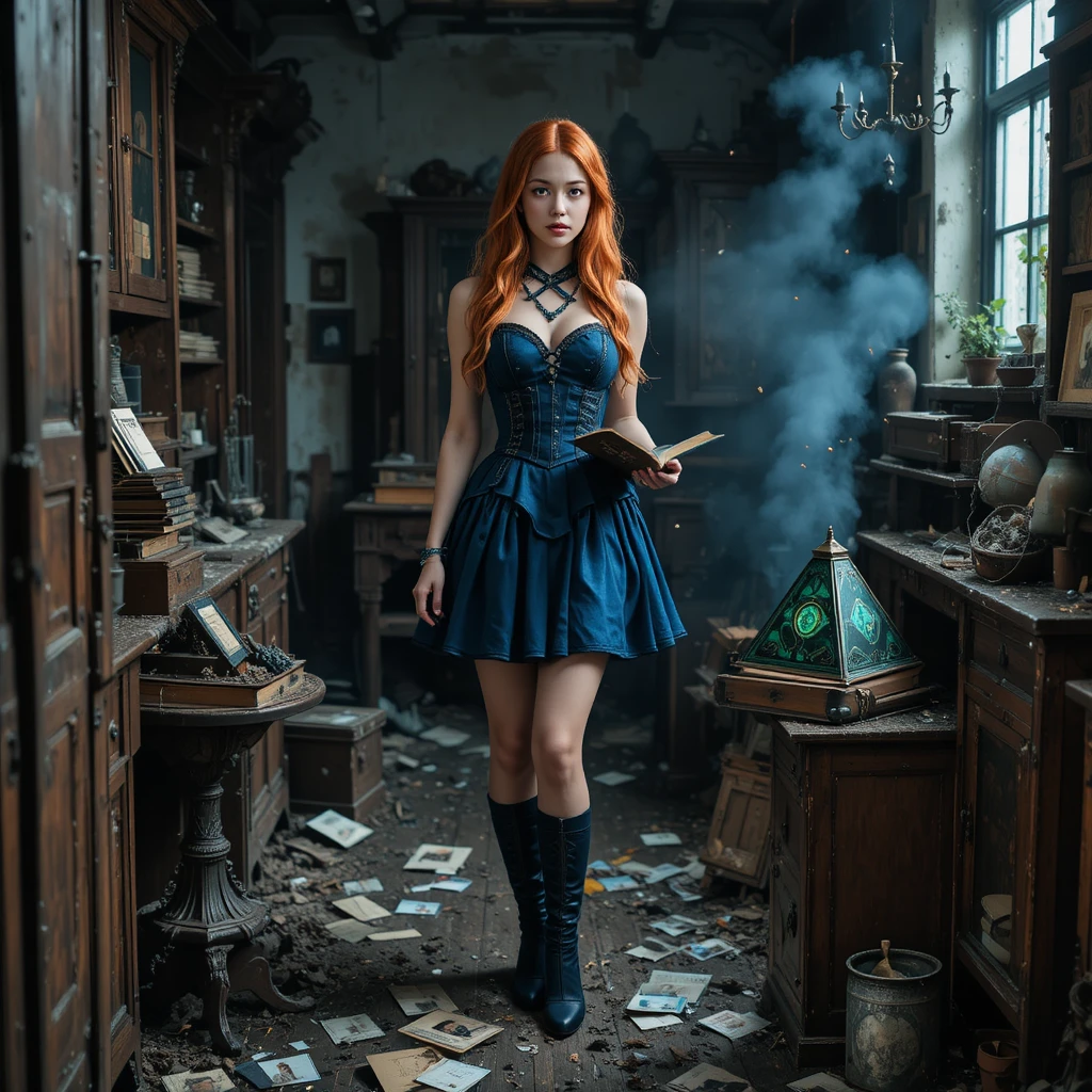 Young woman with grimoire in dusty attic with obsidian pyramid