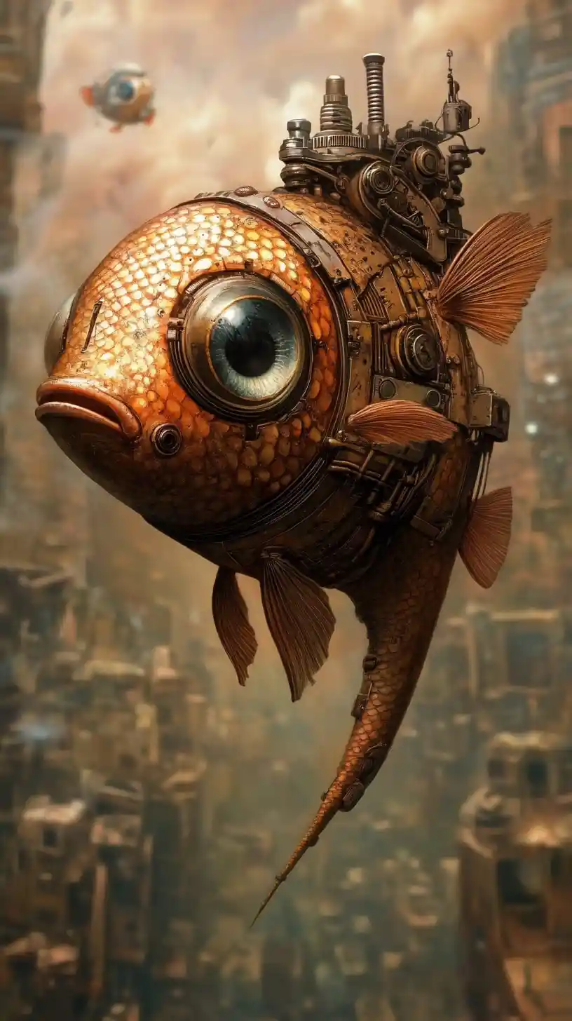 Kybernetischer Fisch erhebt sich aus einem surrealen nächtlichen Horizont
