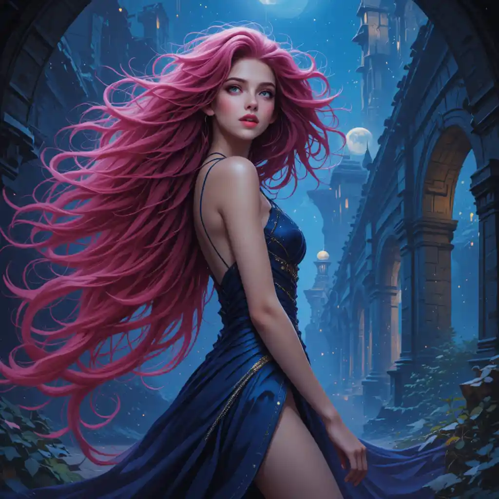 Fantasy woman with flowing magenta hair in ancient ruins