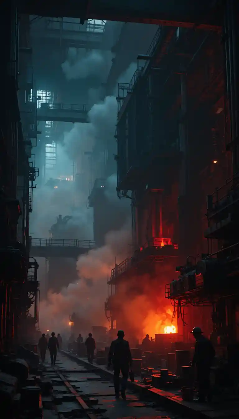 Dark industrial ironworks interior with blazing furnaces