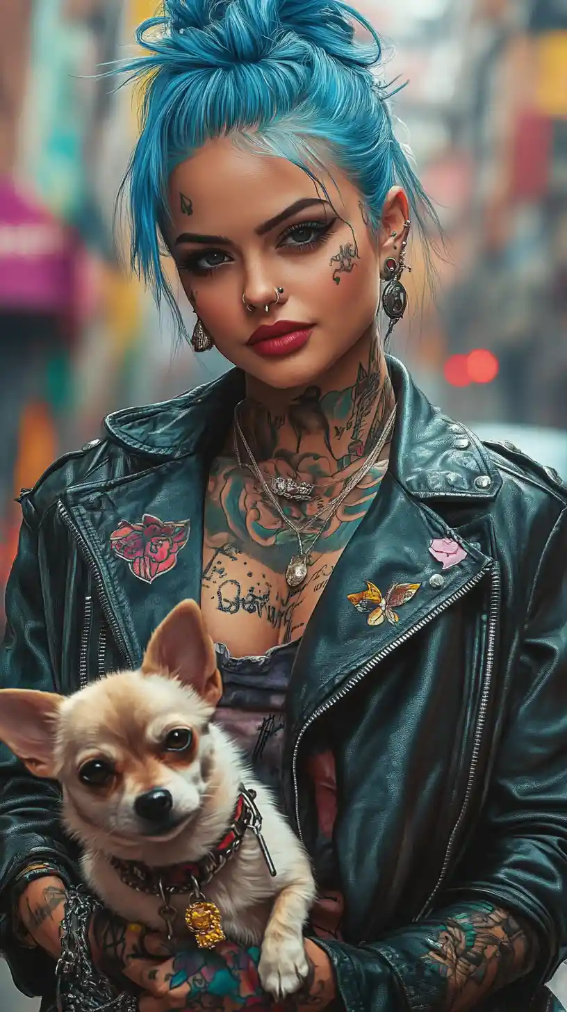 Blue haired tattooed woman holding a Chihuahua on city street