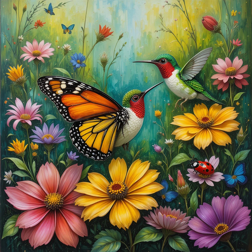 Mariposa colorida y colibrí entre flores pintadas brillantes