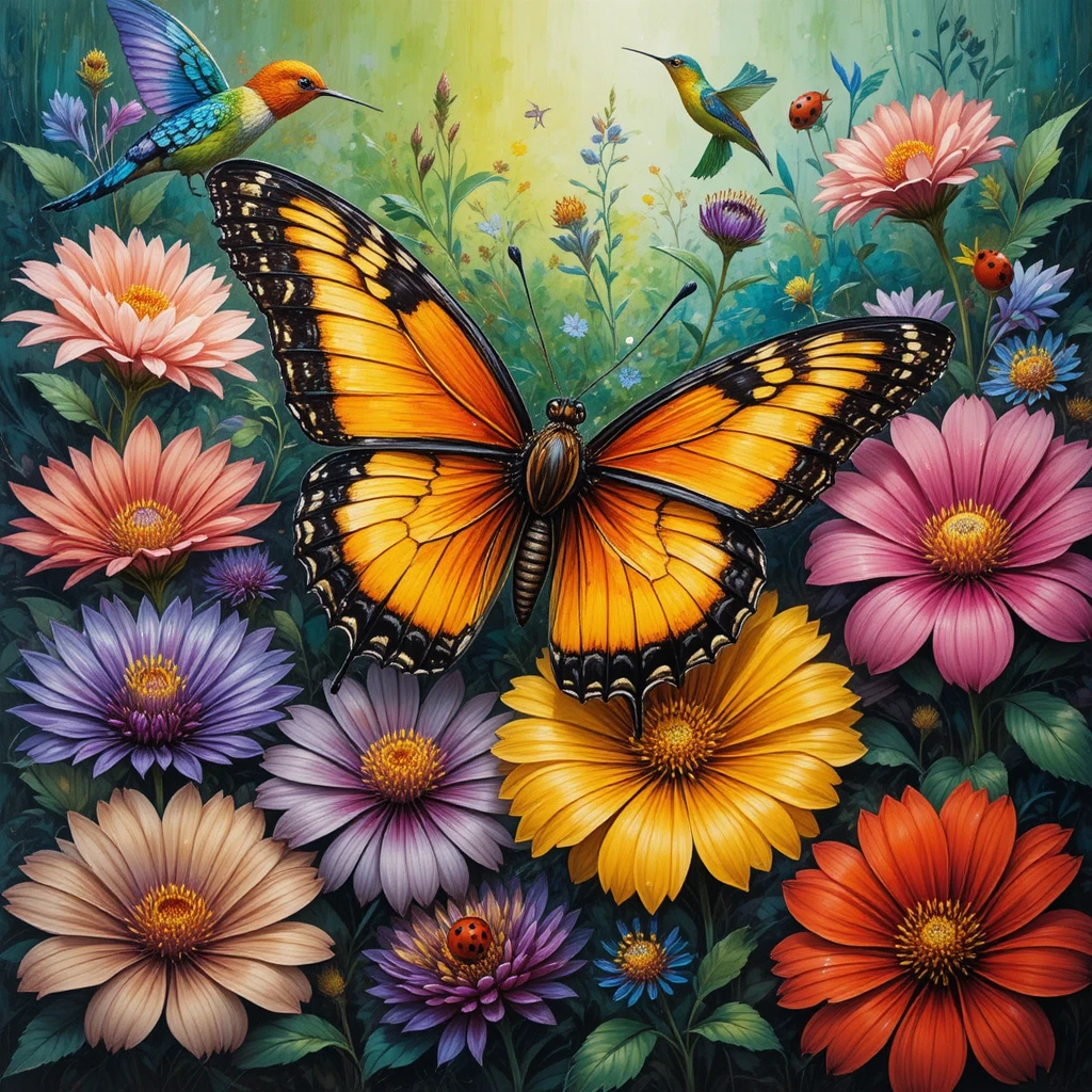 Peinture colorée d’un papillon et d’un oiseau parmi les fleurs