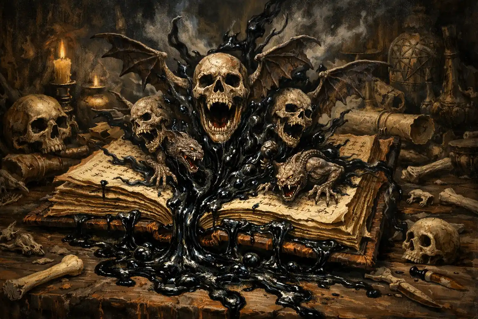 Cursed book unleashing winged skulls in ancient chamber