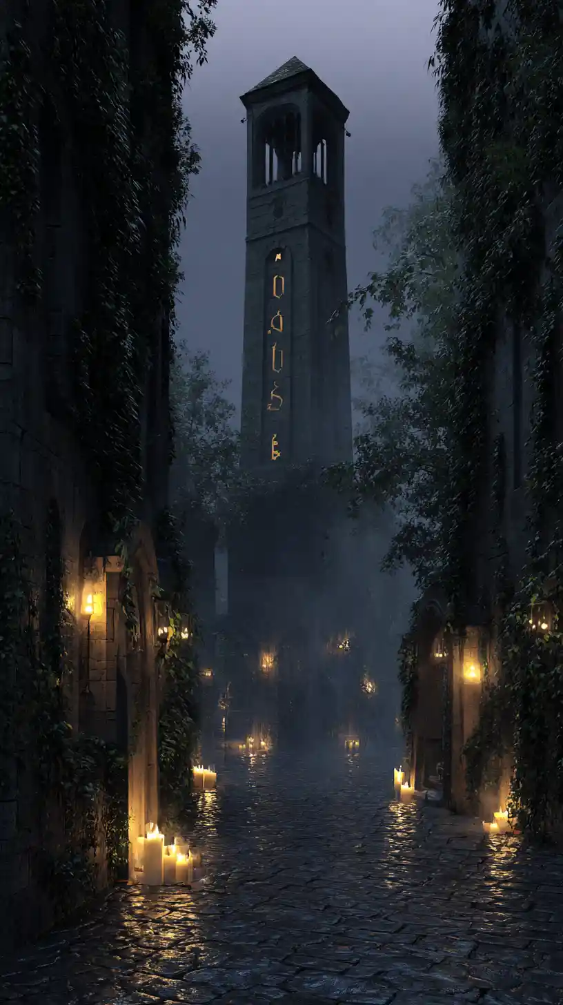 Old bell tower rising through silver mist at night