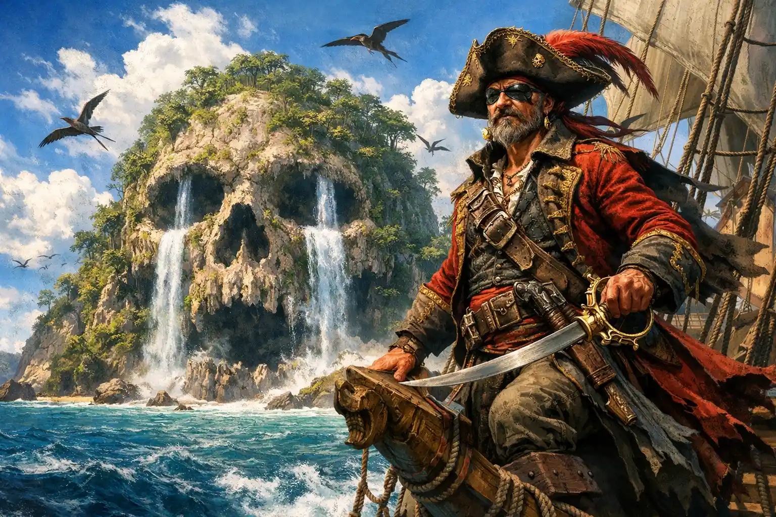 Capitão pirata em navio rumo à ilha-caveira na selva
