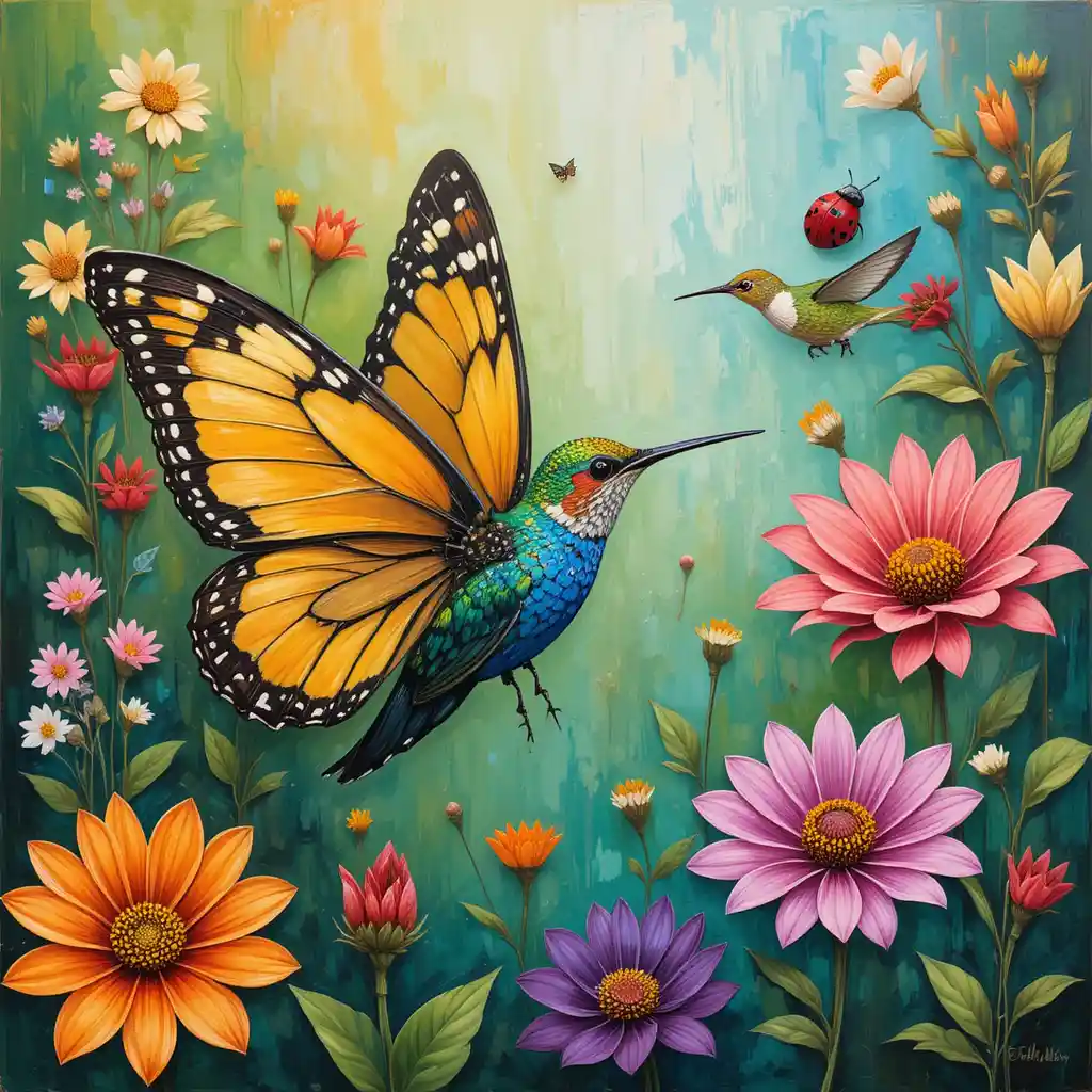 Farfalla colorata e insetti da giardino in una pittura floreale espressiva