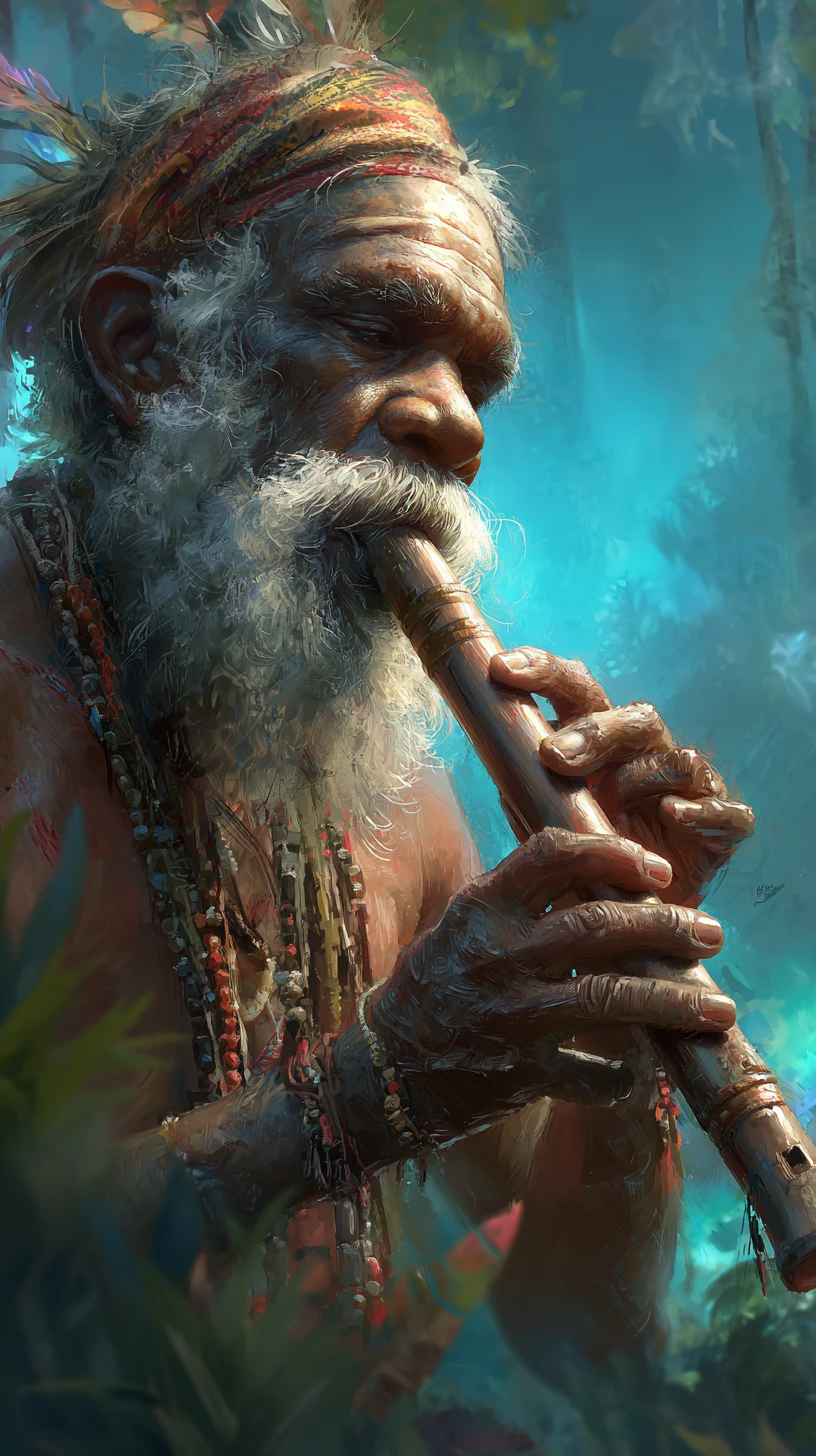 Homem tocando didgeridoo em uma paisagem natural onírica