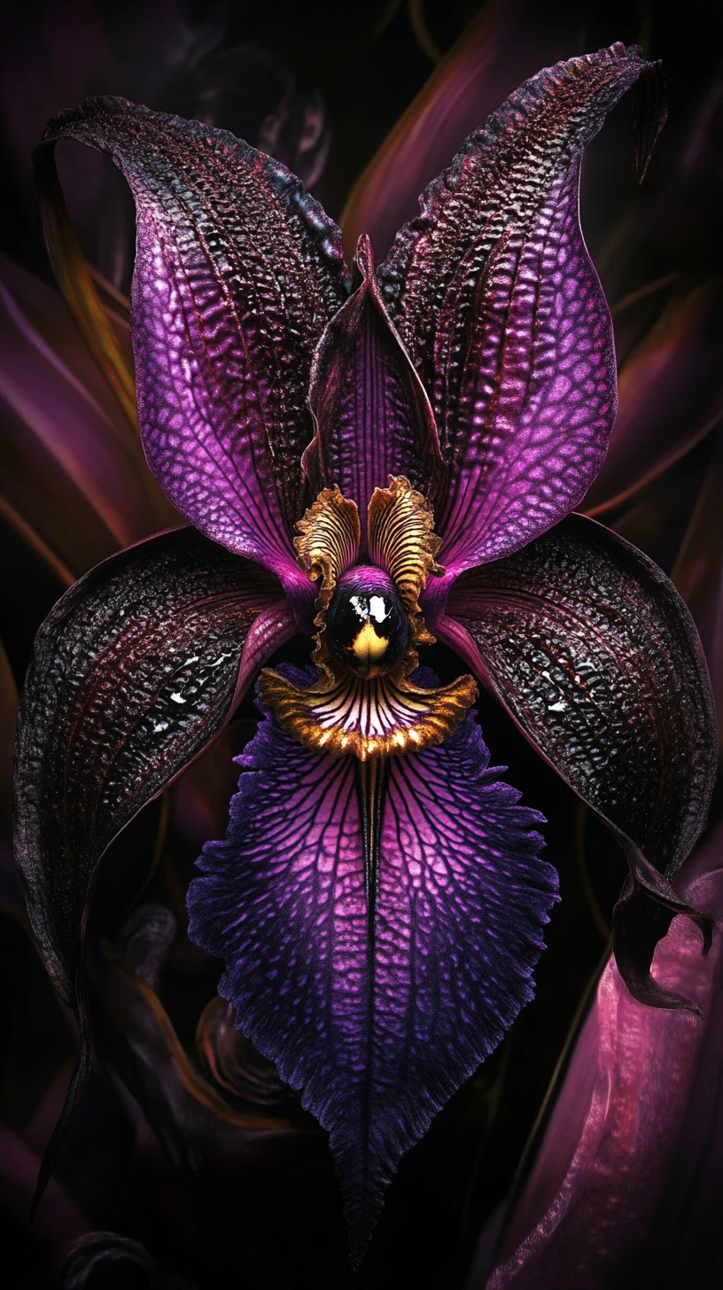 Orquídea surreal que surge de un reino oscuro y retorcido de fantasía
