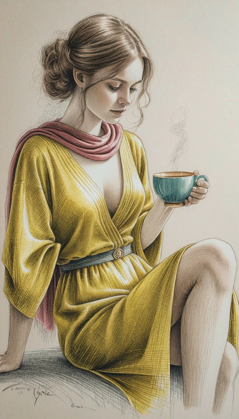 Donna con tè alla finestra soleggiata in disegno a matita