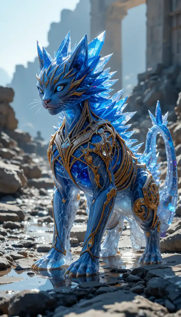 Crystal feline golem on sunlit rocky ground