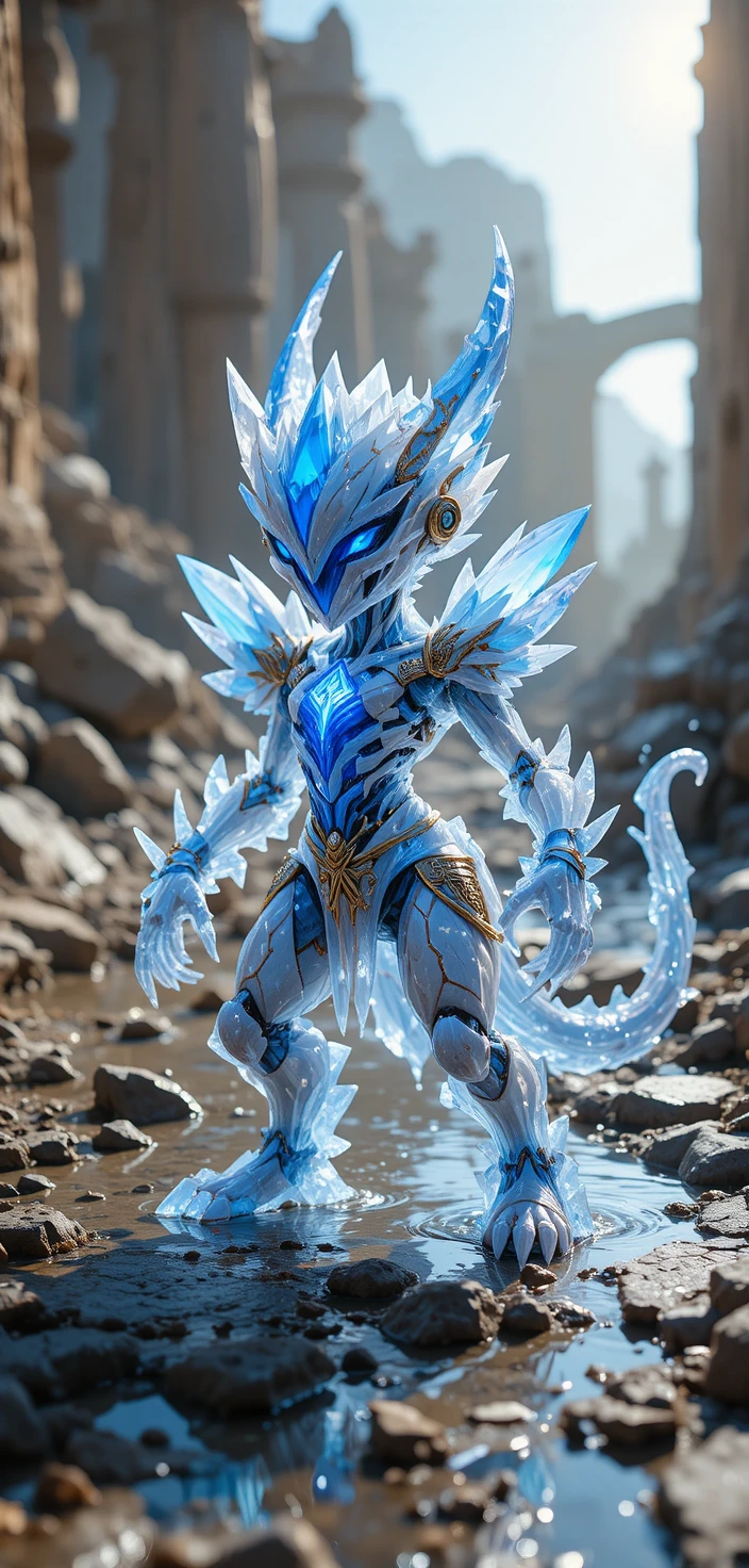 Anime crystal golem in a tense battle ready stance