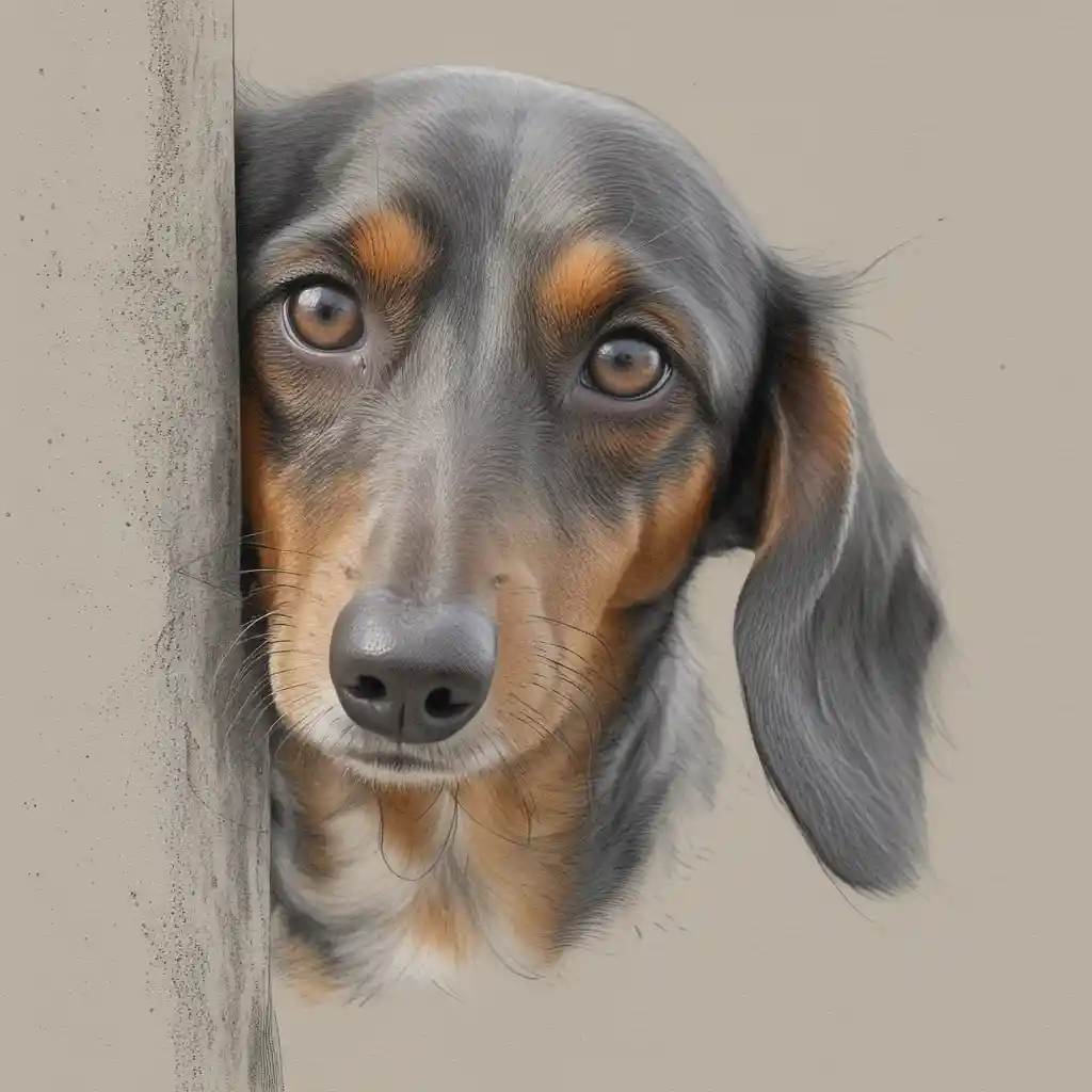 Shy wirehaired dachshund peeking from behind a concrete wall