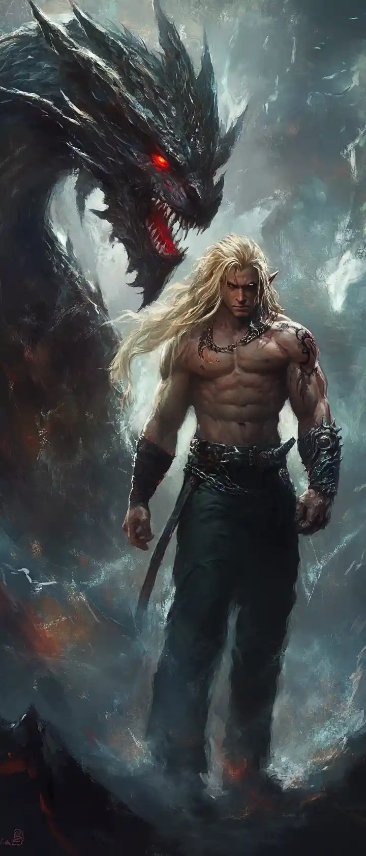 Guerrero rubio junto a un amenazante dragón negro