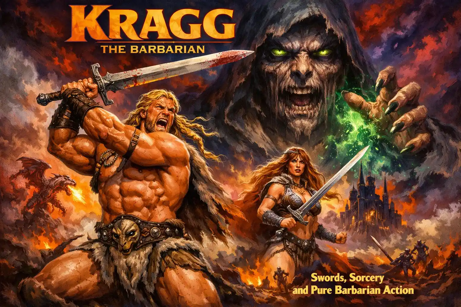 Muskulöser Barbarenkämpfer hebt sein Schwert in einer Fantasy-Schlacht