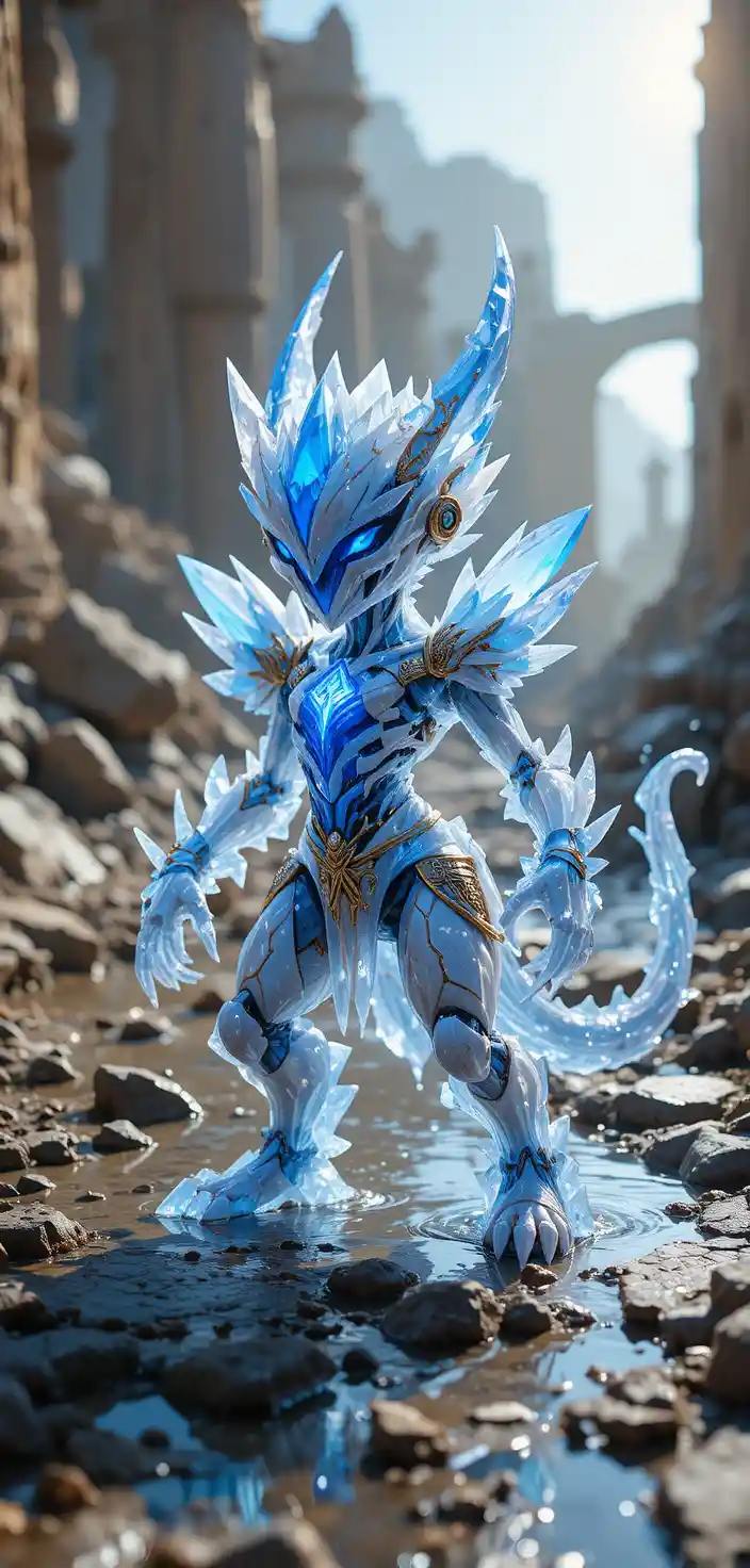 Anime crystal golem in a tense battle ready stance