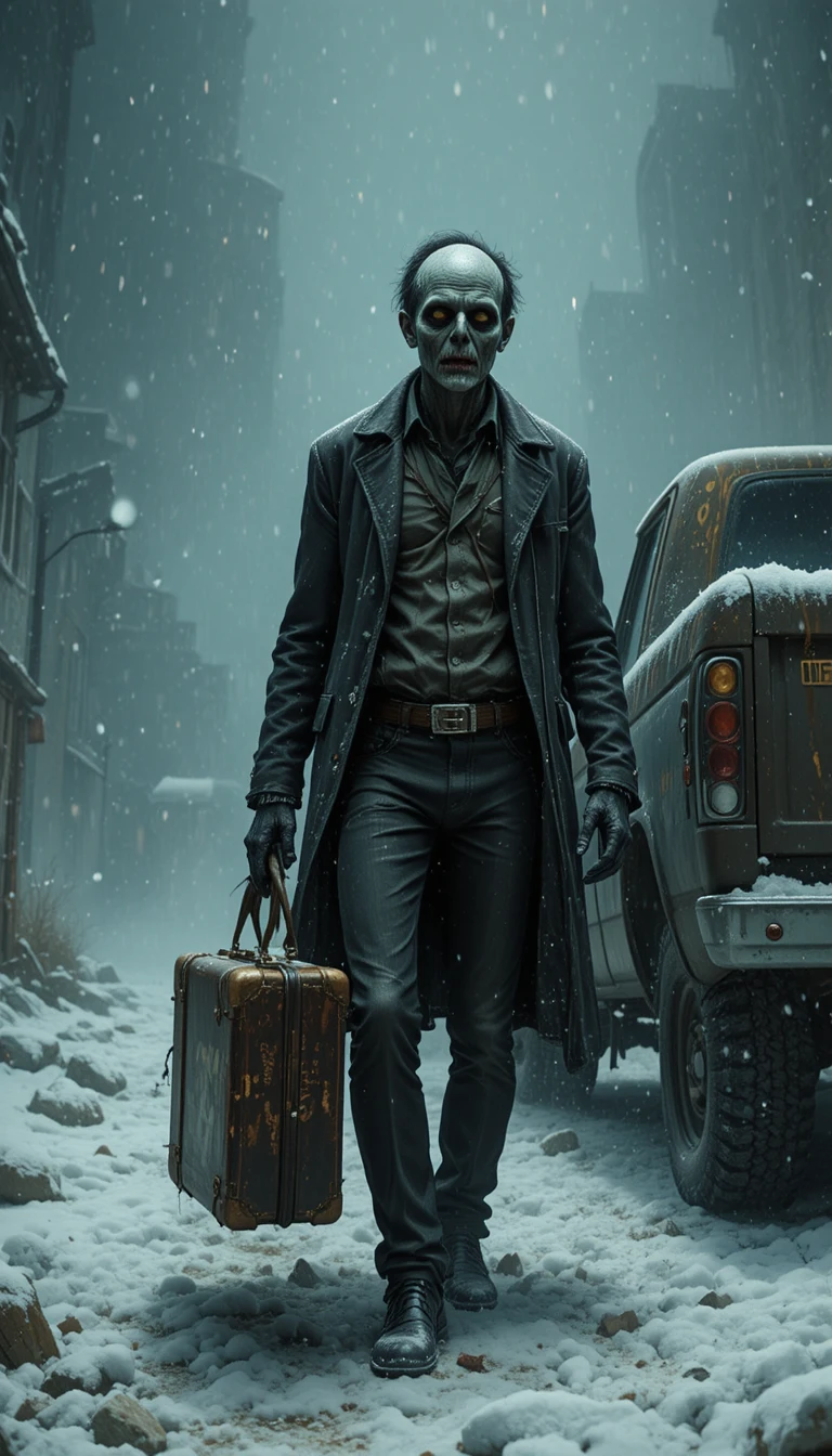Zombie avec Valise près d’un Pickup sous la Tempête de Neige
