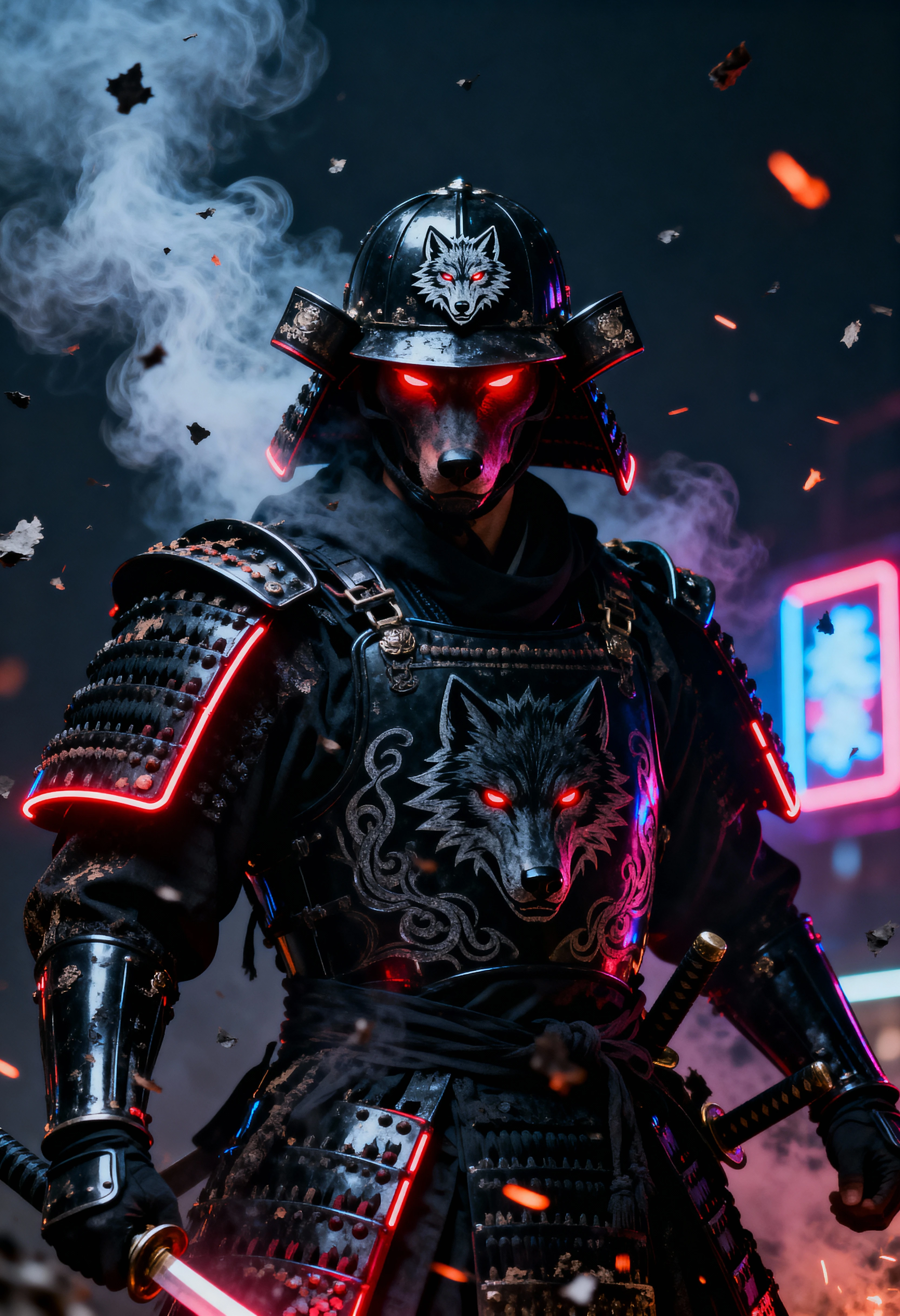 Oscuro Signore della Guerra Samurai in Armatura Nera tra Fumo e Brace