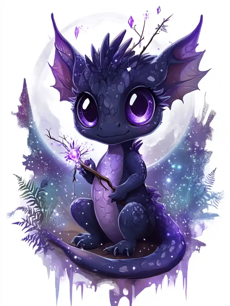 Cute baby dragon wizard with glowing amethyst eyes