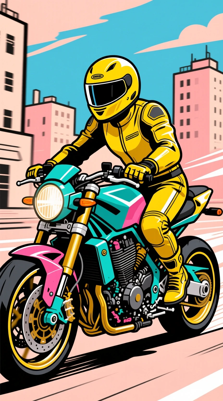 Farbiger Pop-Art-Motorradfahrer rast durch eine stilisierte Stadt